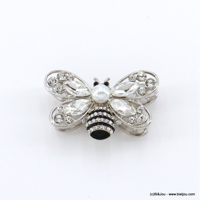 Broche abeille aimantée métal strass perle acrylique émail 0522513 argenté