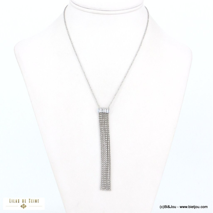 Collier Y franges billes en acier inoxydable strass spécial soirée pour femme 0122583 argenté