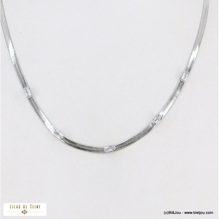 Collier chaîne maille plate serpent avec strass acier inoxydable femme 0122574 argenté