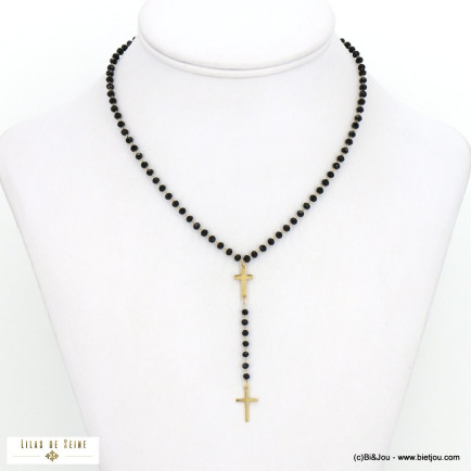 Collier Y pendentif croix acier inoxydable cristal 0122587 noir