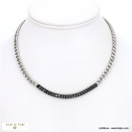 Collier acier inoxydable géométrique contemporain chaîne maille gourmette barre horizontale strass femme 0122586 argenté
