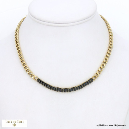 Collier acier inoxydable géométrique contemporain chaîne maille gourmette barre horizontale strass femme 0122586 doré