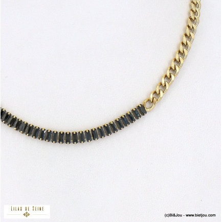 Collier acier inoxydable géométrique contemporain chaîne maille gourmette barre horizontale strass femme 0122586 doré