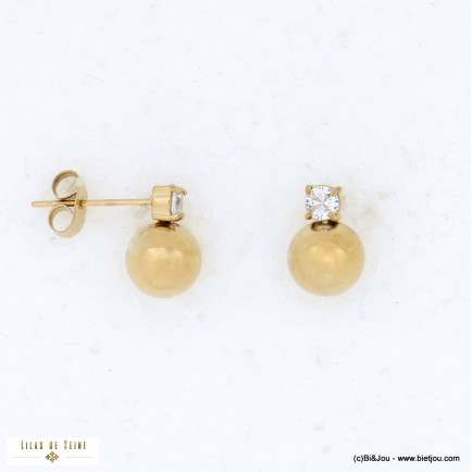 Boucles d'oreille puces minimaliste boule acier inoxydable strass femme 0322580 doré