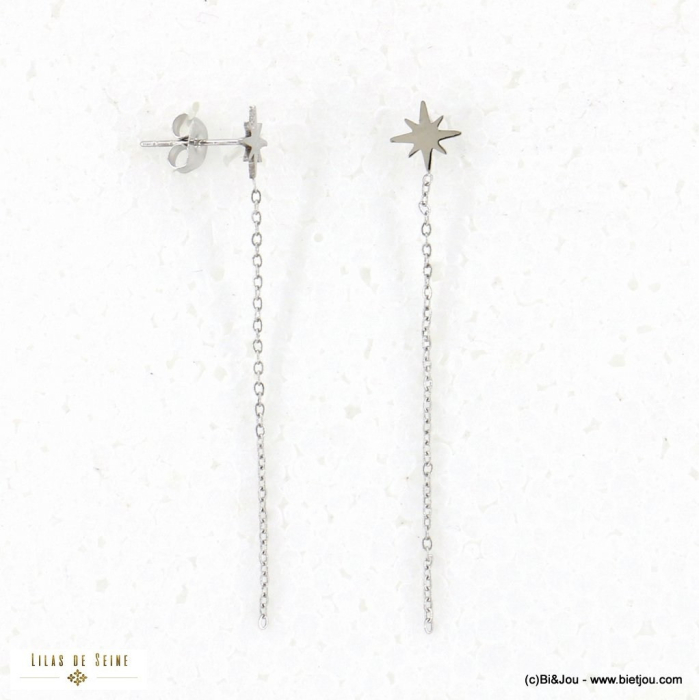 Boucles d'oreille longues minimaliste étoile polaire acier inoxydable femme 0322555 argenté