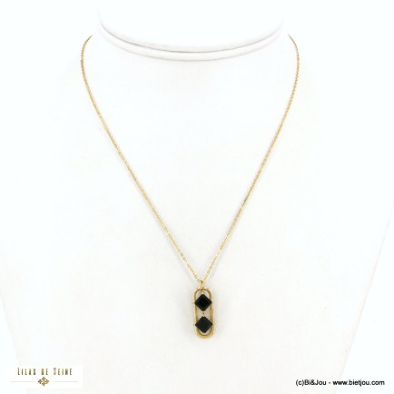 Collier pendentif chic ovale en acier inoxydable et strass losanges 0122578 noir