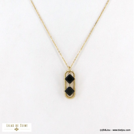 Collier pendentif chic ovale en acier inoxydable et strass losanges 0122578 noir