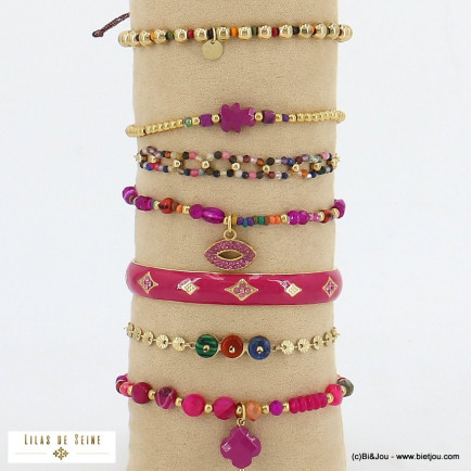 Ensemble 10 bracelets acier inoxydable, perles, pierres véritables, breloques pour femme fushia