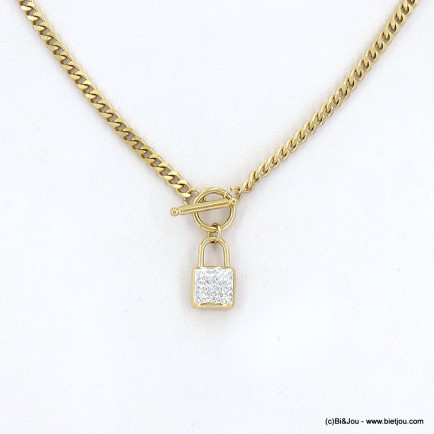 Collier cadenas chaîne maille gourmette fermoir T bâtonnet femme acier inoxydable strass 0122605 doré