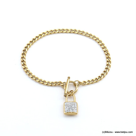 Bracelet cadenas chaîne maille gourmette fermoir T batonnet acier inoxydable strass femme 0222576 doré