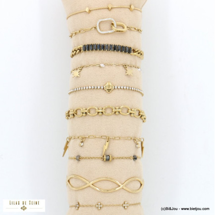 Ensemble 10 bracelets acier inoxydable strass étoile, trèfle, éclair femme 0222580 doré