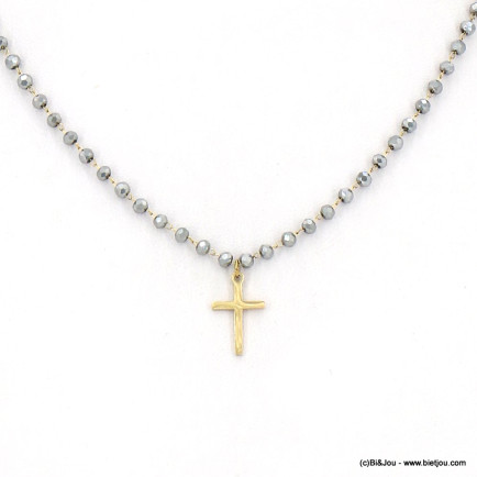 Collier pendentif croix acier inoxydable chaîne cristal femme 0122615 argenté