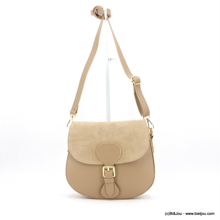 Sac à bandoulière bi-matière cuir véritable daim rabat rigide 0923003 naturel/beige Sac à bandoulière bi-matière cuir véritable daim rabat rigide 0923003 naturel/beige