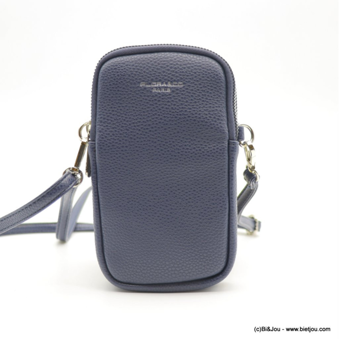 Pochette smartphone Flora&Co simili-cuir grainé 2 compartiments zippés 0923014 bleu