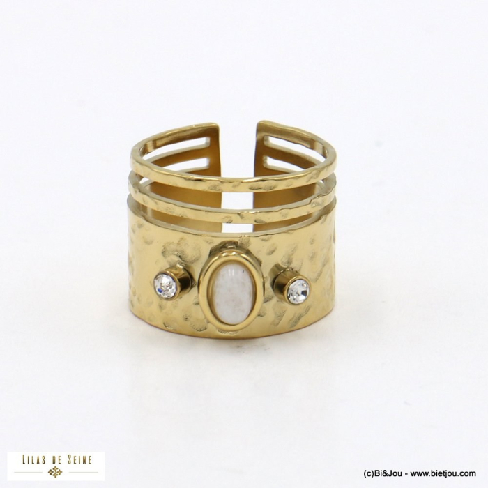 Bague large acier inoxydable gothique cabochon pierre femme 0423011 blanc