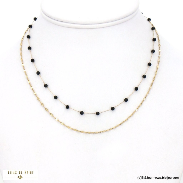 Collier double-rangs en acier inoxydable perles en pierre naturelle pour femme 0123013 noir