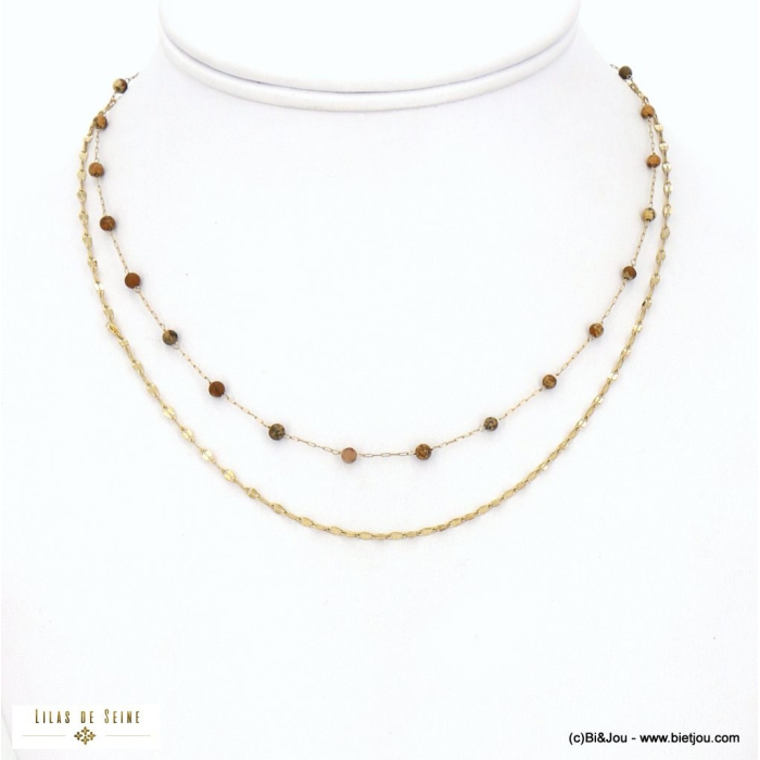 Collier double-rangs en acier inoxydable perles en pierre naturelle pour femme 0123013 marron