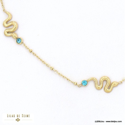 Collier pendentifs serpent en acier inoxydable et cristaux colorés 0123021 bleu turquoise
