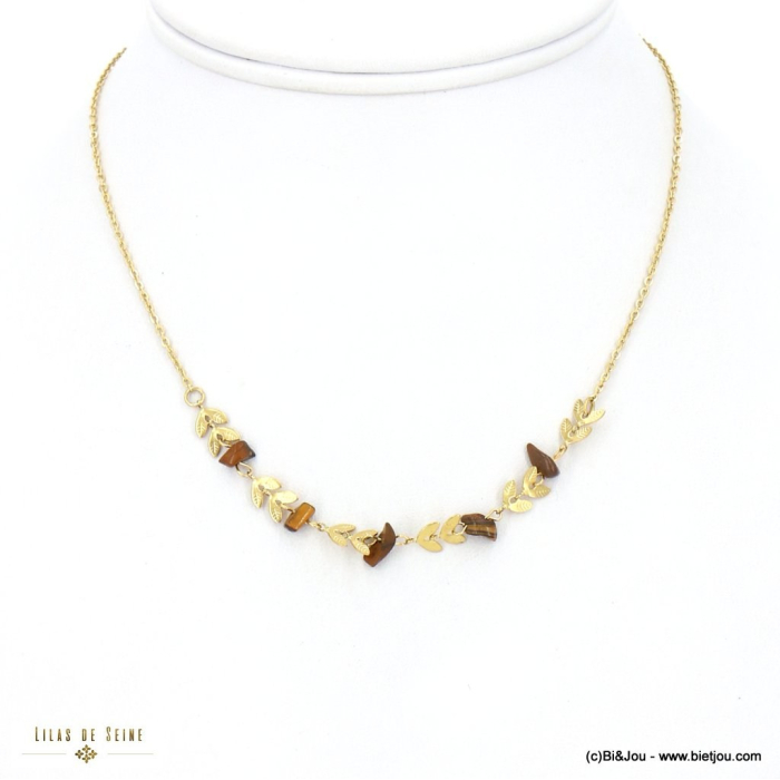 Collier perles pierres naturelles et épis de blé acier inoxydable pour femme 0123022 marron