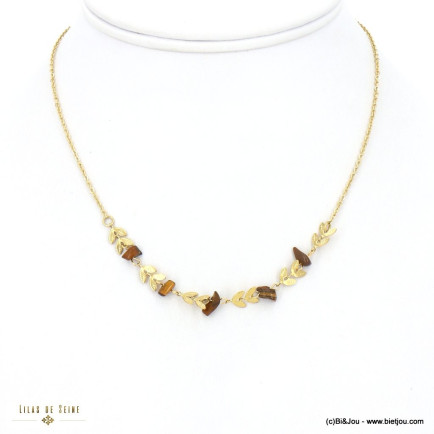 Collier perles pierres naturelles et épis de blé acier inoxydable pour femme 0123022 marron