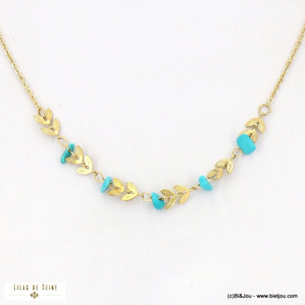 Collier perles pierres naturelles et épis de blé acier inoxydable pour femme 0123022 bleu turquoise