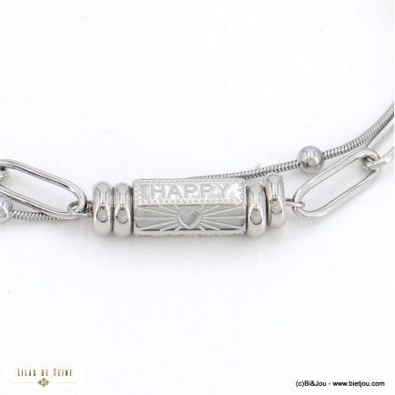 Bracelet deux rangs acier inoxydable talisman HAPPY maille trombone serpent femme 0223007 argenté