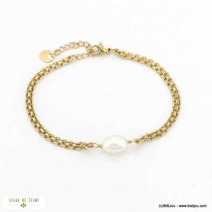 Bracelet acier inoxydable chaîne maille palmier perle eau douce femme 0223036 blanc Bracelet acier inoxydable chaîne maille palmier perle eau douce femme 0223036 blanc