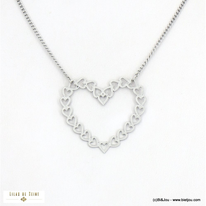 Collier acier inoxydable pendentif coeur chaîne maille gourmette femme 0123003 argenté