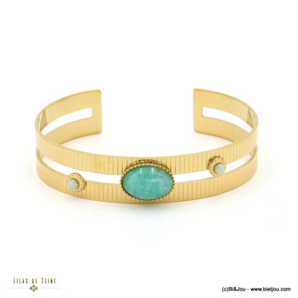 Bracelet jonc acier inoxydable strié cabochon ovale pierre femme 0223017 vert aqua