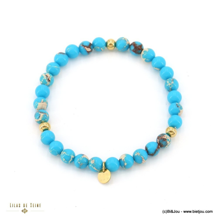 Bracelet élastique billes pierre marbrée naturelle 6mm femme 0223015 bleu