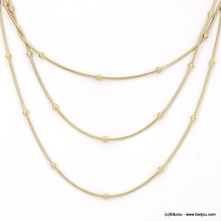 Collier court multi-rangs chaînes maille serpent et billes en acier inoxydable 0123036 doré