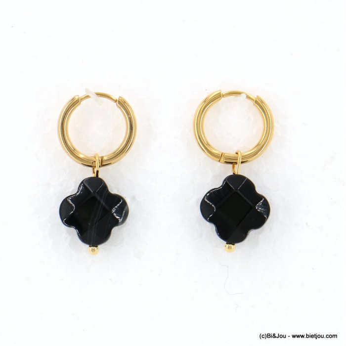 Boucles d'oreille mini créoles trèfle acier inoxydable pierre femme 0323046 noir