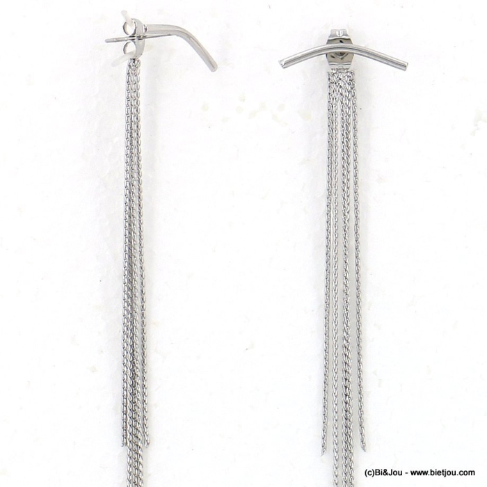 Longues boucles d'oreille pendantes acier inoxydable minimaliste cinq chaînes 0323005 argenté