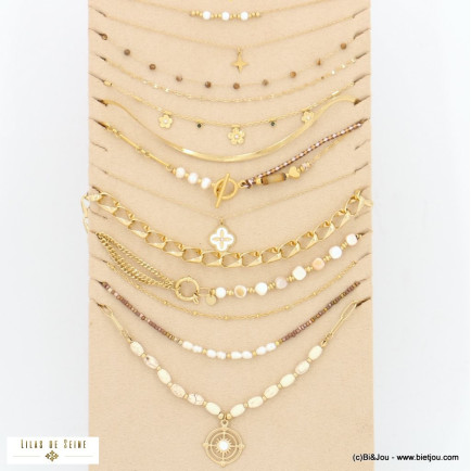 Ensemble de 10 colliers trèfle étoile fleur perle pierre acier inoxydable strass femme 0123044 blanc
