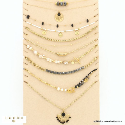 Ensemble de 10 colliers acier inoxydable talisman coeur happy plume pierre perle strass nacre 0123047 noir