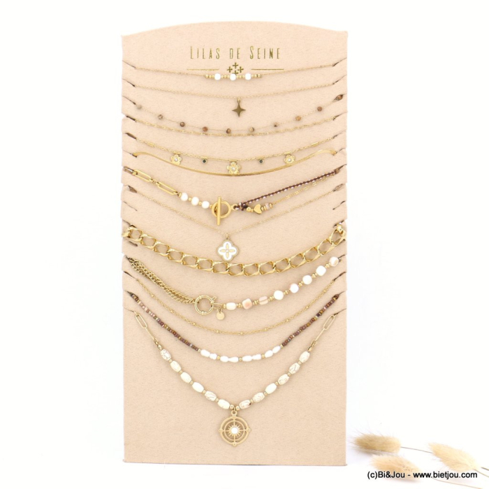 Ensemble de 10 colliers trèfle étoile fleur perle pierre acier inoxydable strass femme 0123044 blanc Ensemble de 10 colliers trèfle étoile fleur perle pierre acier inoxydable strass femme 0123044 blanc