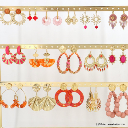 Ensemble de 16 paires de boucles d'oreilles ambiance rose orange trèfle filigrane feuille 0323060 doré
