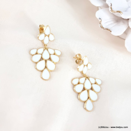 Boucles d'oreilles pendantes gouttes en acier et émail 0323068 blanc
