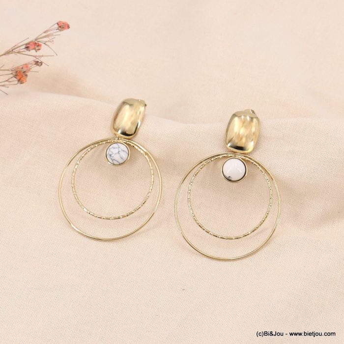 Boucles d'oreilles acier inoxydable cabochon pierre double anneaux ronds femme 0323076 blanc
