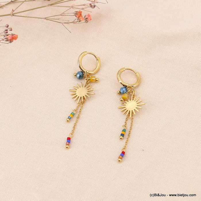 Boucles d'oreille mini créoles soleil acier inoxydable cristal perles de rocaille femme 0323084 multi Boucles d'oreille mini créoles soleil acier inoxydable cristal perles de rocaille femme 0323084 multi
