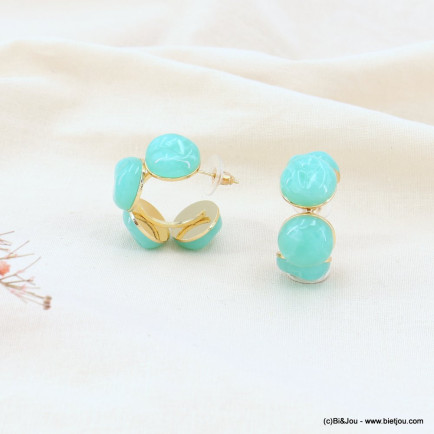 Boucles d'oreilles créoles perles résine et métal doré pour femme 0323094 bleu turquoise