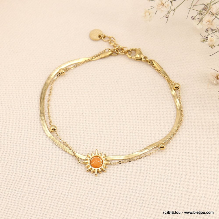 Bracelet double acier inoxydable chaîne maille miroir soleil pierre nacre femme 0223014 orange
