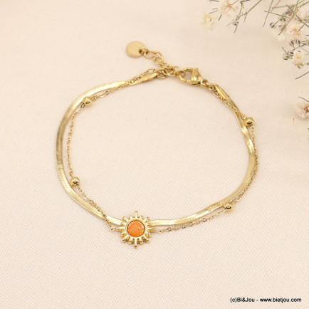 Bracelet double acier inoxydable chaîne maille miroir soleil pierre nacre femme 0223014 orange