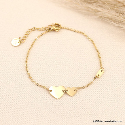 Bracelet acier inoxydable minimaliste deux coeurs femme 0223035 doré