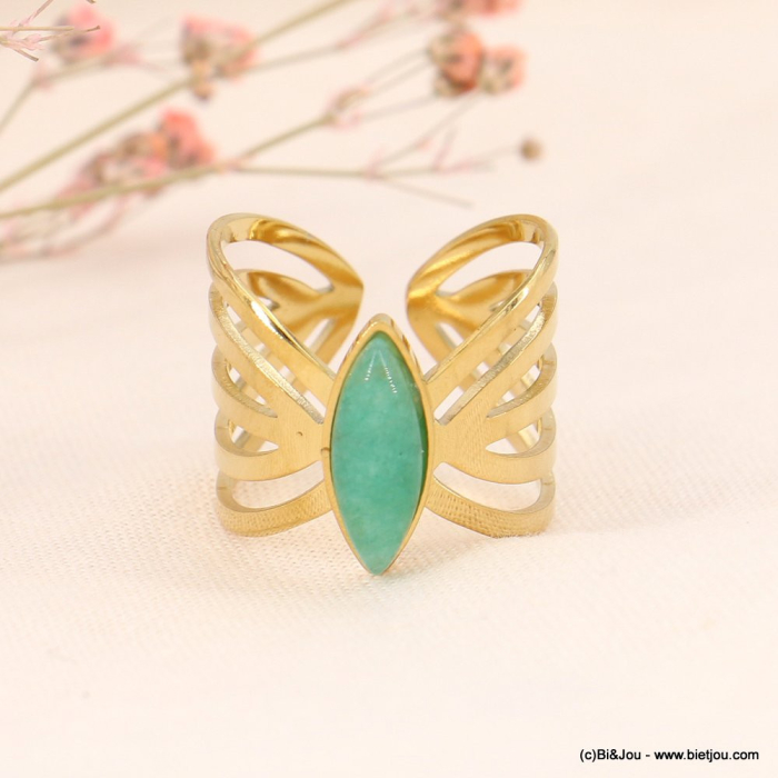 Bague contemporain acier inoxydable cabochon ovale pierre nacre 0423009 vert