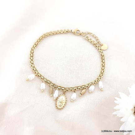 Bracelet acier inoxydable style rococo étoile perle eau douce femme 0223088 doré
