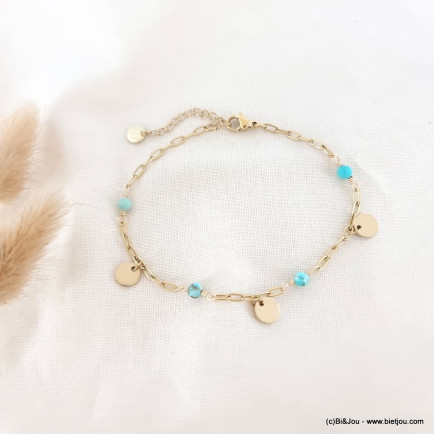 Bracelet acier inoxydable pierre perle breloque pampille ronde femme 0223089 bleu turquoise