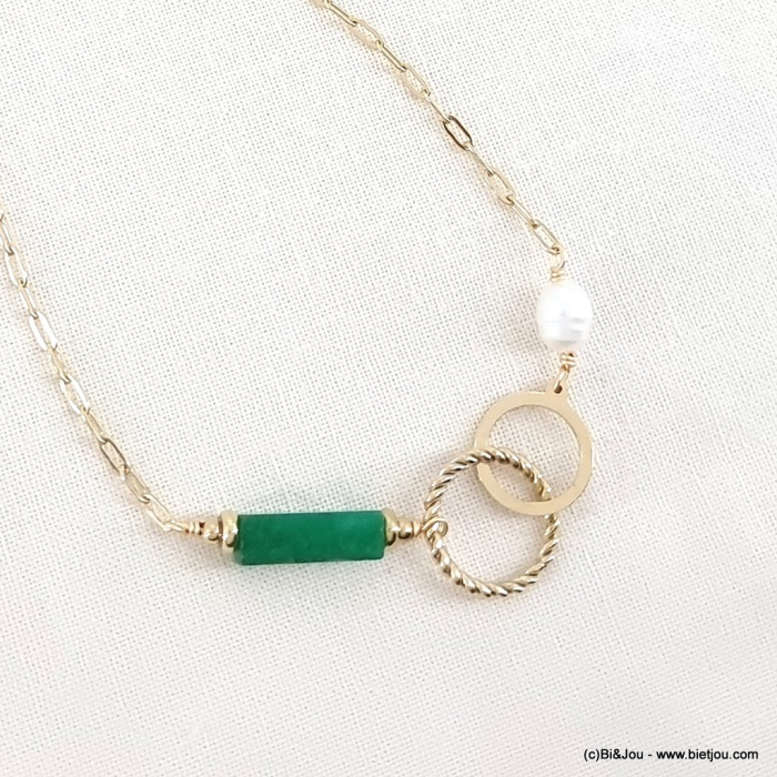 Collier anneaux entrelacés pierre perle torsadé chaine maille rectangulaire acier inoxydable femme 0123065 vert