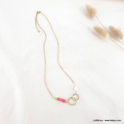 Collier anneaux entrelacés pierre perle torsadé chaine maille rectangulaire acier inoxydable femme 0123065 rouge corail