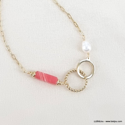 Collier anneaux entrelacés pierre perle torsadé chaine maille rectangulaire acier inoxydable femme 0123065 rouge corail